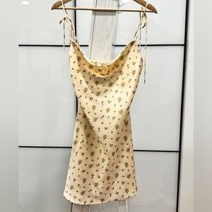 Brand New Champagne Beige Floral Cowl Neck Satin Slip Mini Dress Sleeveless
